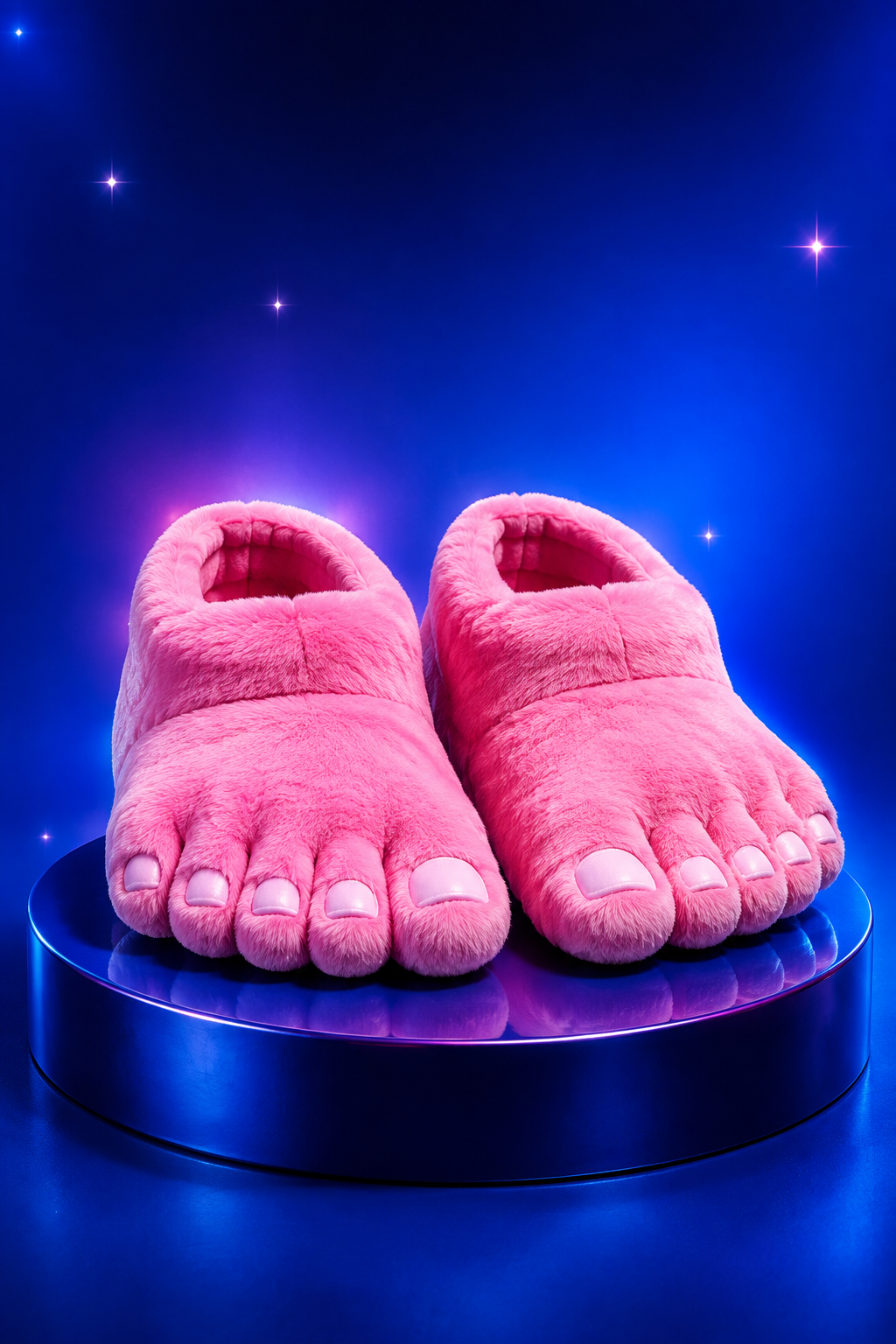 Paire de chaussons roses géants sur un socle bleu